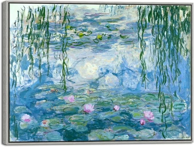 Wieco Art Large Framed Wall Art Water Lilies by Claude Monet Canvas Print Paintings Reproduction Modern Canvas Wall Art for Living Room Decoration Abstract Artwork Silver Frame