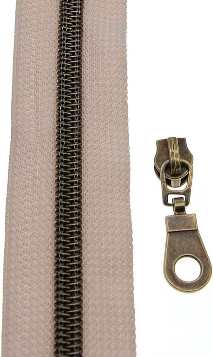 #5 Antique Brass Metallic Nylon Coil Zippers by The Yard Bulk Beige Tape 10 Yards with 25Pcs Pulls for DIY Sewing Craft Bags YIGUANXIN