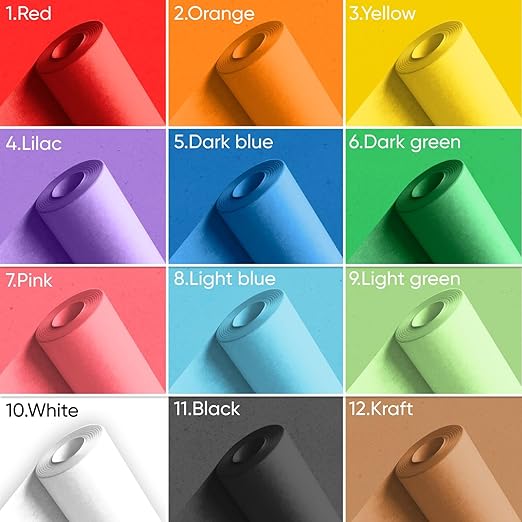 9" x 1200" USA-Made Multi-Color Kraft Paper Rolls, 45 lbs/66 GSM, 12 Rolls Set - Colored Kraft Paper for Packing, Crafts, DIY Projects, Gift Wrapping - Non-Toxic, Safe for Kids