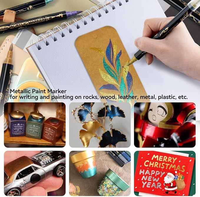 TRANSON 12Colors Metallic Paint Markers Bold and Brush Dual-tip for Rock Wood Ceramic Canvas DIY Painting Drawing