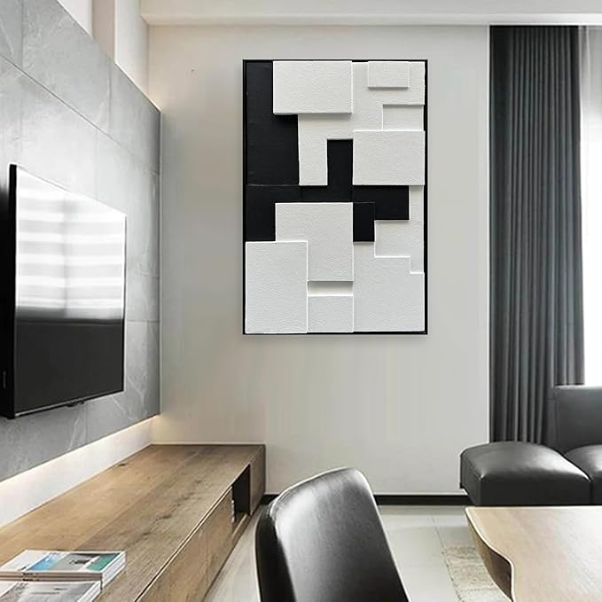 NANKAI Art Hand-Painted Black and White Thick Texture Abstract Art Contemporary Minimalist Art Oil Painting Home Office Wall Decoration Painting 36x24 inches (with Solid Wood Exterior Frame)