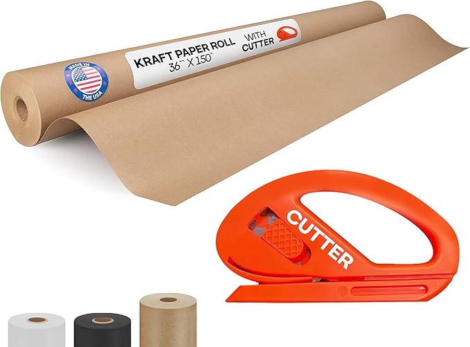 Brown Kraft Paper Roll 36" x 1800" (150 feet) with Cutter - USA-Made Quality Paper 50lb Thickness for Wrapping, Packing, Moving, Shipping, & Crafts/Arts - Natural Kraft Material by IDL Packaging