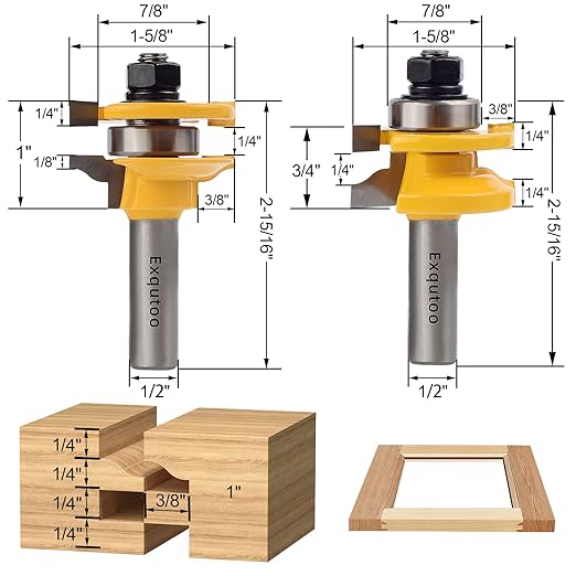 Exqutoo 3PCS 1/2" Shank Router Bit Set, Raised Panel Cabinet Door Making Router Bits, Cemented Carbide Router Bits, Woodworking Tools Router Door & Window Bits (Tenon Joint Cutter Diameter: 1-5/8")