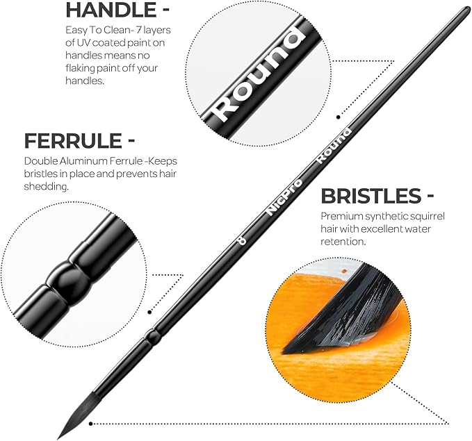 Nicpro 8pcs Watercolor Paint Brushes, Round Pointed Tip Paint Brush Set, Professional Soft Synthetic Squirrel Paint Brushes, Artist Painting Brushes for Watercolor, Inks, Gouache, Acrylic, Oil