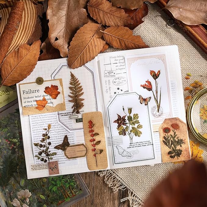 510 Pcs Natural Flower Stickers, 32 Sheets Vintage Leaf, Transparent Waterproof Fall Stickers for DIY Craft, Scrapbook,Card Making,Journal,Planner,Notebook