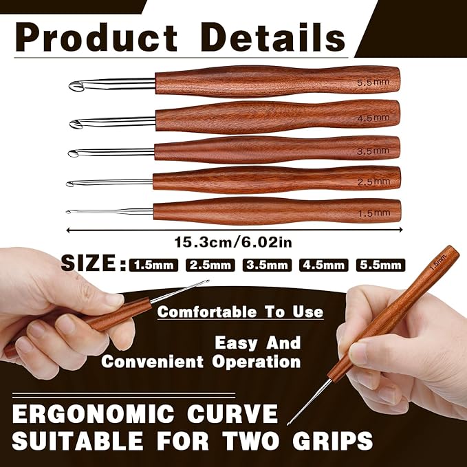 Nitlak 5 Pcs Crochet Hook, 5 Size Aluminum Ergonomic Crochet Hook with Wooden Handle for Arthritic Hands, Beginners, Crochet Needles for Knitting (1.5mm/2.5cm/3.5mm/4.5mm/5.5mm)