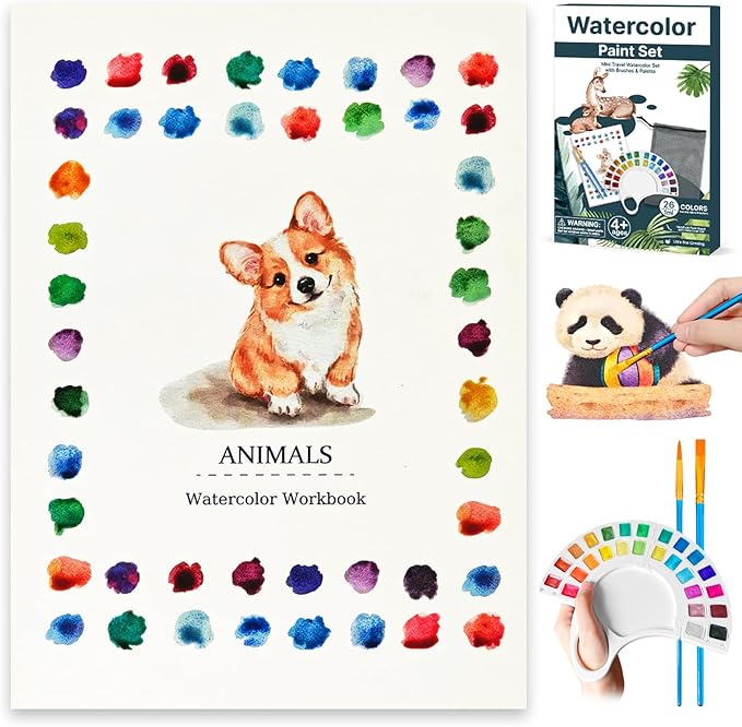 Watercolor Workbook, Water Coloring Book with 13 Pages 300GSM Paper, 26 Colors Watercolor Paint Set with Brush & Storage Bag, Beginner-Friendly Coloring Book for Adults - Animal Theme Art Kit