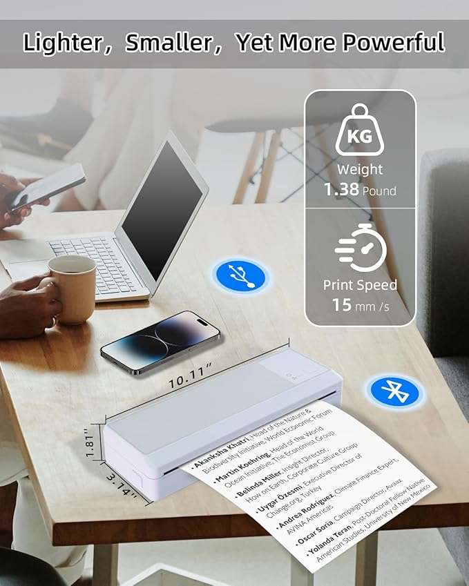 A4 Wireless Thermal Printer, Portable Bluetooth Printer, Support Multi-Size Thermal Paper, Compatible with Android and iOS Phone & PC, 300DPI Inkless Printer for Travel, Office, School