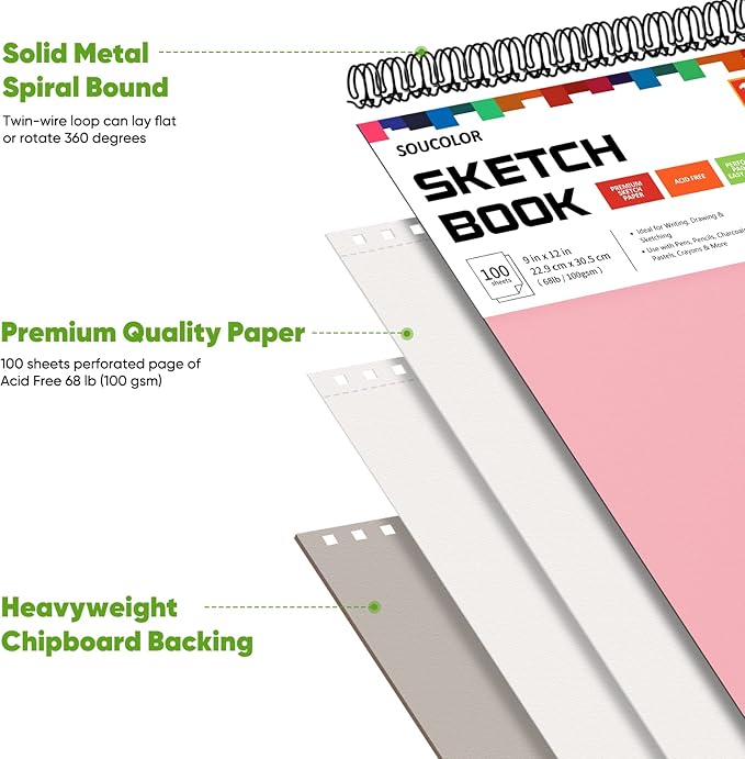 Soucolor Cute Sketchbook 9" x 12" for Women, 1-Pack 100 Sheets Spiral Notebook Drawing Pad, Pastel Art Supplies for Beginner Artists, Arts and Crafts Gifts Set for Adults