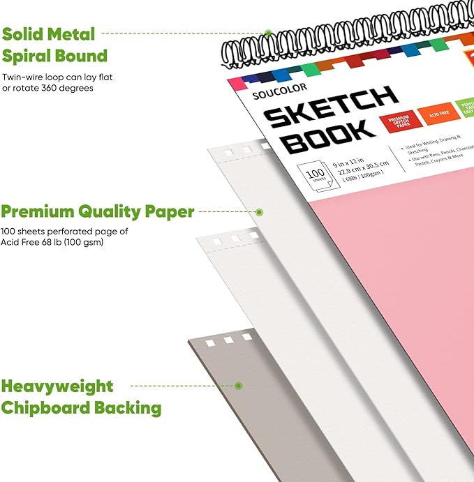 Soucolor Art Supply Set - Sketching & Drawing Kit, Sketchbook Art Paper for Adult Artists, 9" x 12" Sketch Book, 2-Pack 100 Sheets Spiral Bound Sketchbook, Acid Free
