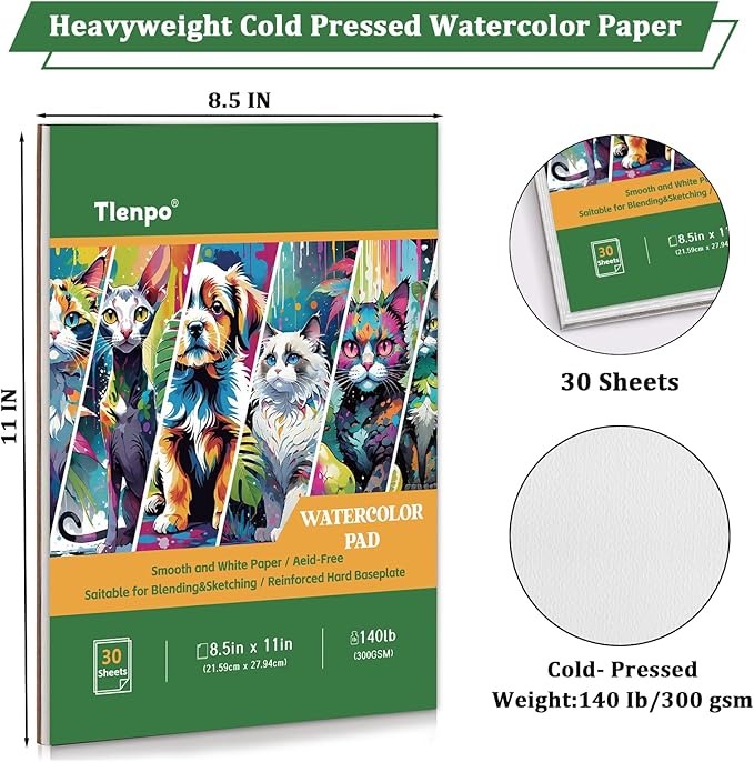 Tlenpo Watercolor Paper Pad, 8.5 x11 in, 30 Sheets Artist Painting Drawing Paper Book, Art Supplies for Adults Kids, 140lb/300gsm, Glue Bound Watercolor Sketchbook for Watercolors, Art Painting