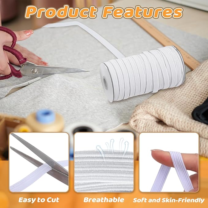 Coopay 45 Yards Length 1/2" Width Elastic Bands Flat Elastic Cord Rope Heavy Stretch Spool Knit for Sewing DIY Projects, Arts & Crafts (White, 1/2 Inch)