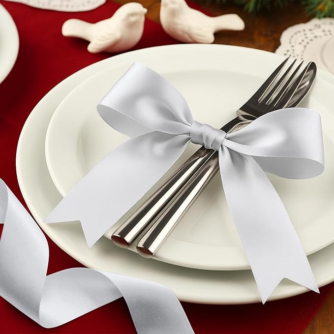 Fullive Silver Ribbon, 1 1/2 Inch 30 Yards Silver Ribbon for Flower Bouquet, Polyester Solid Christmas Tree Ribbons for Birthday Christmas Decorations DIY Bows Wrapping Bouquet Floral Arrangements