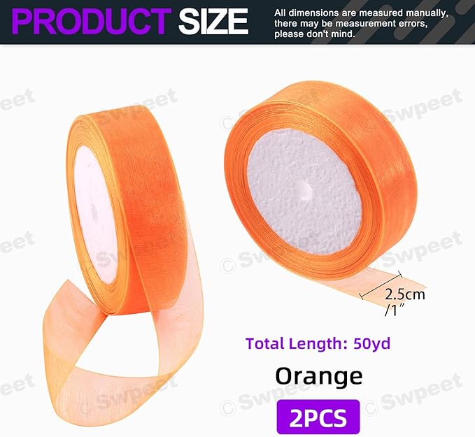 Swpeet 2 Rolls 50 Yards x 1 Inch Orange Shimmer Sheer Fabric Ribbons Organza Ribbon, Transparent Sheer Ribbon Chiffon Fabric Ribbons for Bouquets Wedding Birthday Decoration