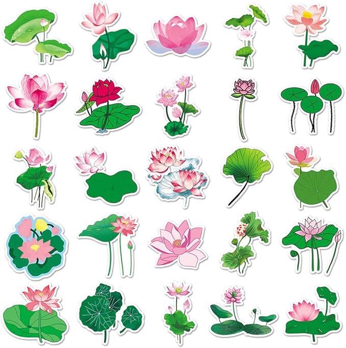 Unique Lotus Flowers & Leaves Stickers Pack for Kids Boys Teens|50 Pcs|Aesthetic Cartoon Stickers for Waterbottle Car Bike Laptop Hydroflasks Tablet Phone Notebook,Waterproof Decals Pack(Lotus)