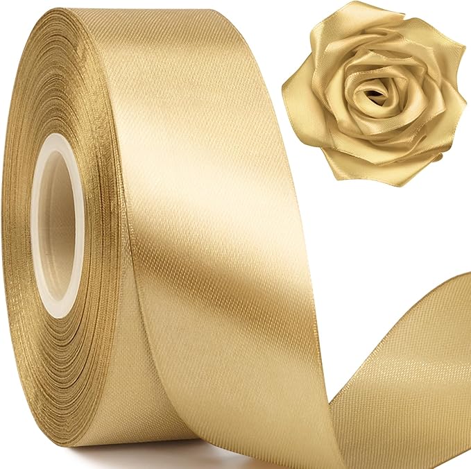 1-1/2 Inch Wide Champaign Gold Satin Ribbon, 50 Yards Solid Polyester Fabric Ribbon for Roses Making, Gift Wrapping, New Year Eve Party, Wedding Decorations, Crafts, Bows