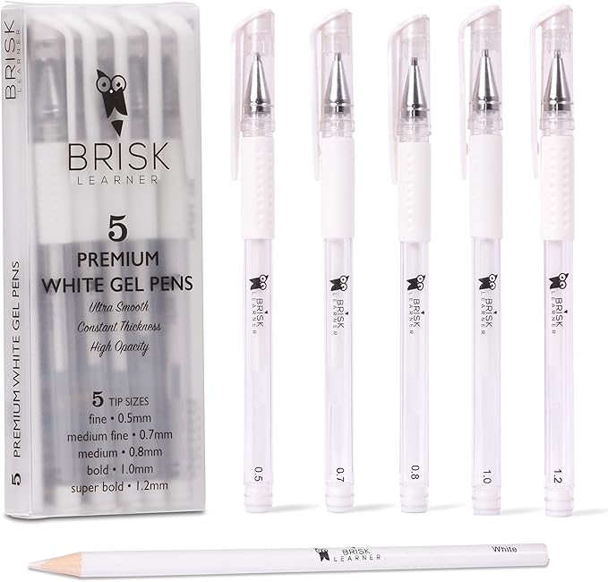 5 White Gel Pens - 5 Tip Sizes - 0.5, 0.7, 0.8, 1.0, 1.2mm for Artists - Archival White Ink for Art, Drawing, Journaling, Watercolor, Black Paper