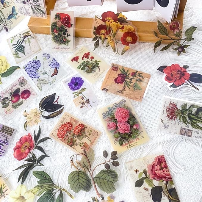 50-Piece Clear Vintage Cottagecore Aesthetic Floral & Plant Scrapbook Stickers - Waterproof Retro Botanical, Wildflower, Postcard Flower Decals for Journals, Art Crafts, Card Decoration