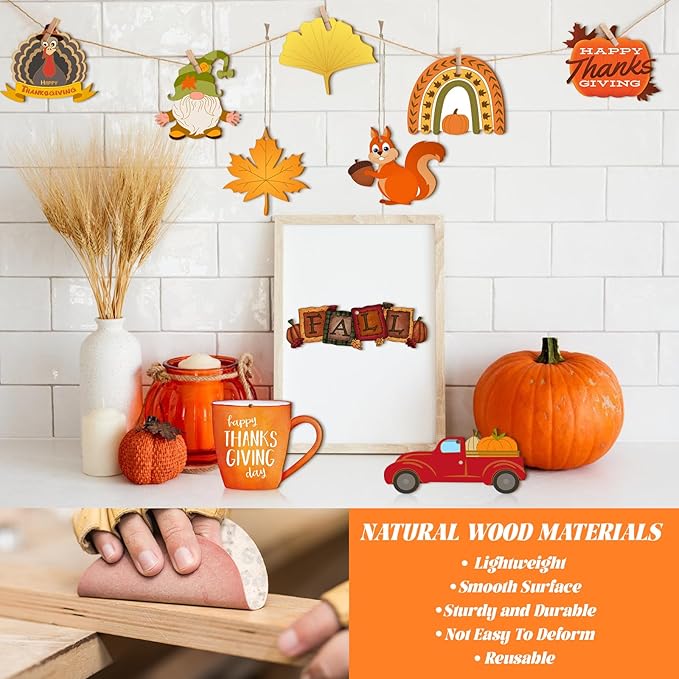 Subacy 80 PCS Unfinished Thanksgiving Wood Cutouts 10 Styles DIY Wooden Crafts, Wooden Art Tags for Painting, Thanksgiving Hanging Ornaments(Thanksgiving)