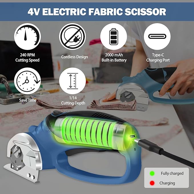 Cordless Electric Scissors, 4V Box Cutter & Cardboard Cutter with 2 Titanium Blades - Rotary Cutter with LED Light for Fabric, Leather, Carpet, Plastic, Crafting + Storage Case (Steel Blue)