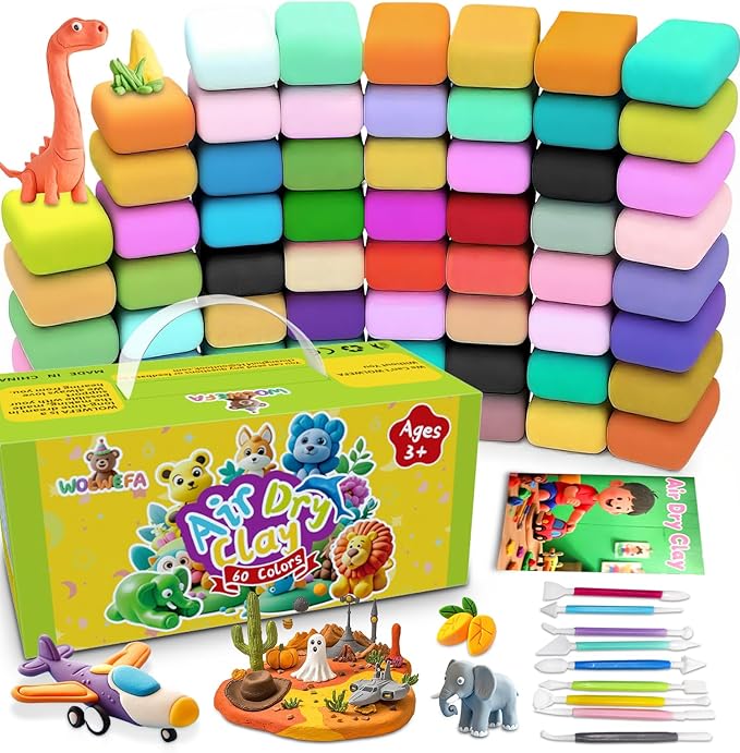 Air Dry Clay for Kids, 60 Colors Air Dry Modeling Clay, Molding Clay for Sculpting,Non-Sticky Soft, Sculpting Tools Guide, Arts Crafts for Kids Ages 8-12