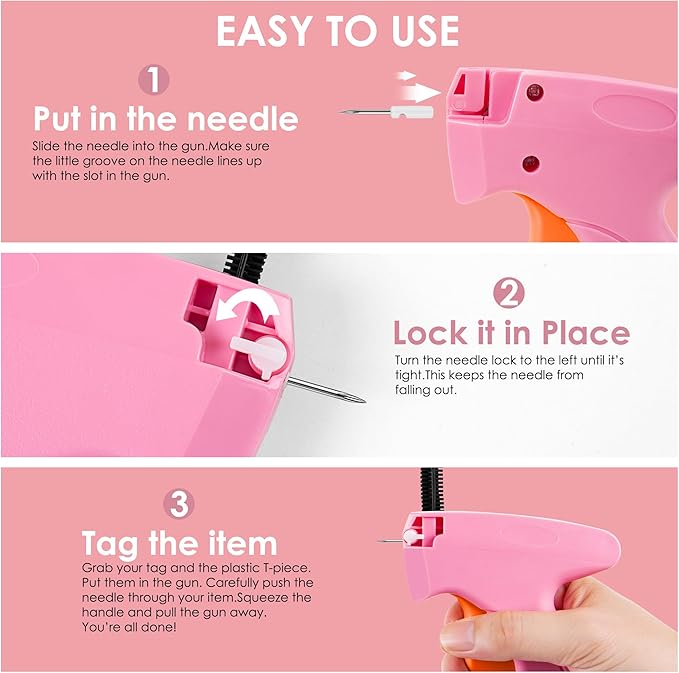 Stitch Gun for Clothes - Handheld Stitch Gun Quick Clothing Fixer - Tagging Gun - Includes 6 Needle, 1000 Black Fasteners & 1000 White Fasteners (Pink/Orange)