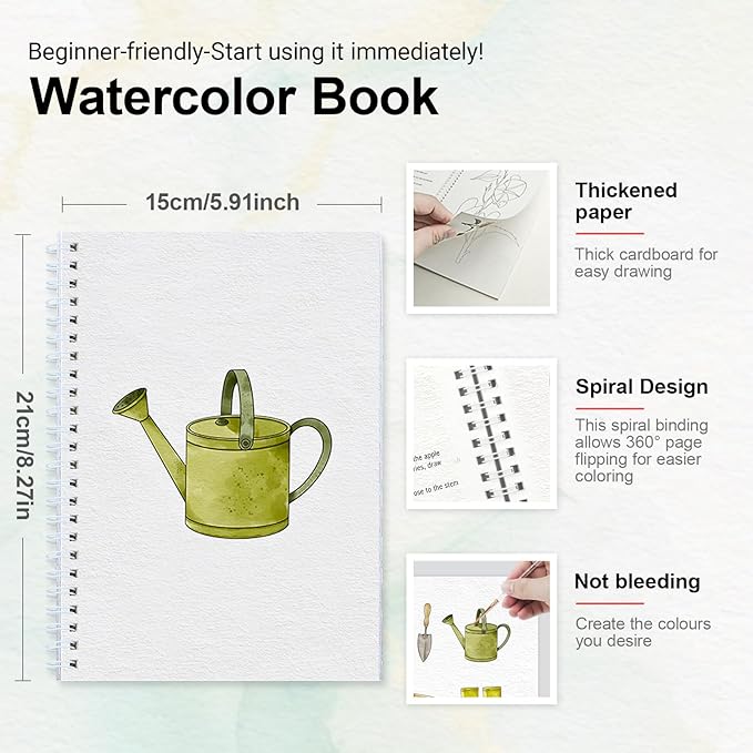 Watercolor Workbook for Beginners with Step-by-Step - 12 Watercolor Coloring Pages - 100% Cotton 300gsm/140lb Watercolor Paper - Gift for Women,Adults, Teens (Garden)