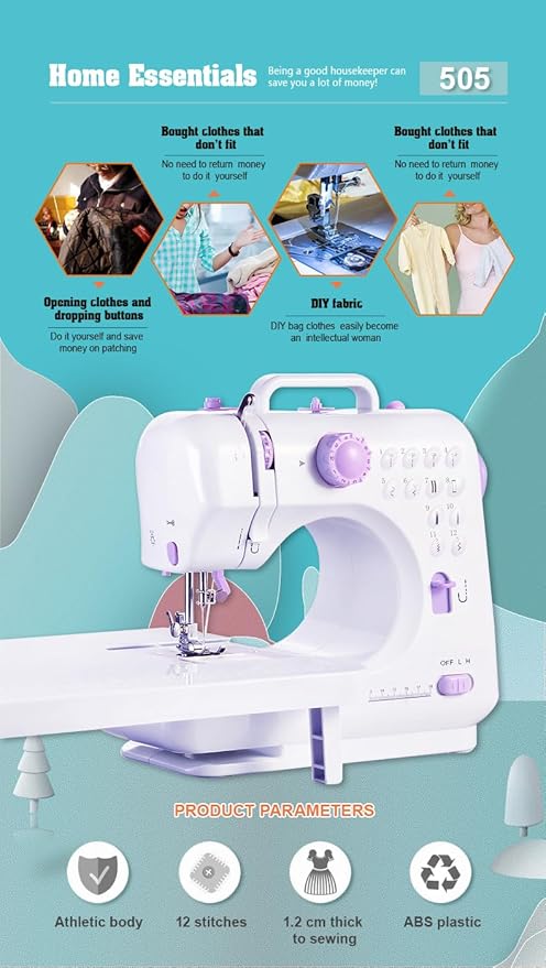 Sewing Machine for Beginners, Portable Mini Sewing Machine with 50 Pcs Fabric and 32 Pcs Sewing Threads Kit, 12 Built-in Stitches 2 Speed with Foot Pedal