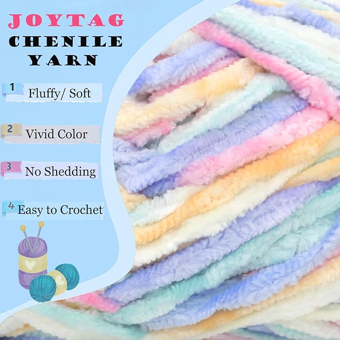 Velvet Chenille Yarn for Crocheting Rainbow Velvet Fluffy Plush Thick Bulky Chunky Chenille Velvet Soft Baby Blanket Yarn for Crocheting Hand Knitting 100g-Macaron