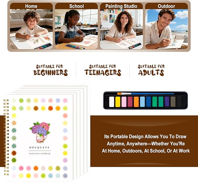 Kivzex Watercolor Workbook for Adults, Beginner Friendly Watercolor Painting Kit Bouquet Water Coloring Book, Nature-Themed Practice Art Gift Water Color Paint Book with Palette and Brush