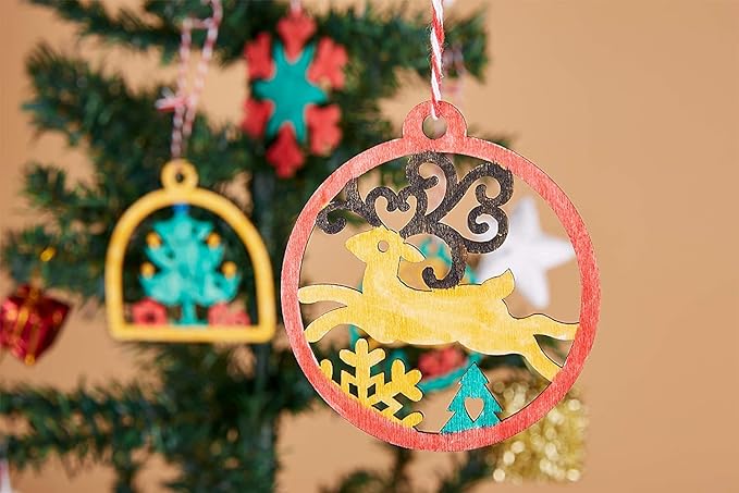Artmag 50pcs Unfinished Wooden Hanging Ornaments for Christmas Decorations,5 Styles DIY Wood Slices with Holes for Crafts Centerpieces Holiday Hanging Decorations