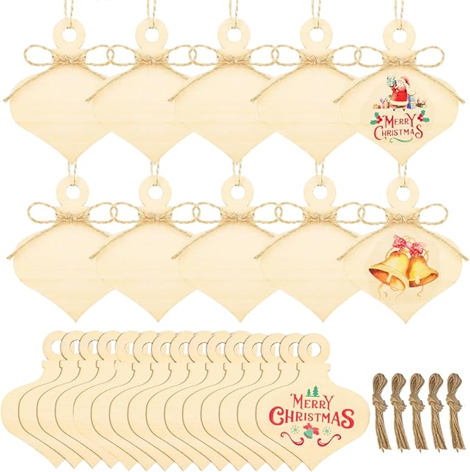 50 Pcs Wooden Ornaments, BetterJonny 3.15 * 2.56in Unfinished Natural Wood Slices with Holes Blank Wood Discs with 50pcs Jute Rope for DIY Christmas Decoration