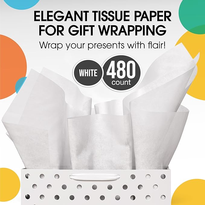 Party Solids White Tissue Paper for Gift Bags - 15" X 20" Bulk Tissue Paper White 480 Sheets - 10lb Newsprint for Packing, Birthday Gift Box Filler, Packing Supplies for Moving Supplies