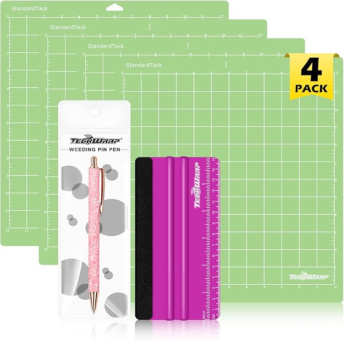 TECKWRAP 4 Pack 12"x12" Green Standard Adhesive Cutting Mats, with Precision Vinyl Pin Pen & 6 Inch Squeegee - Ideal for HTV, Vinyl, Quilting & Crafting, Compatible with Popular Cutting Machines