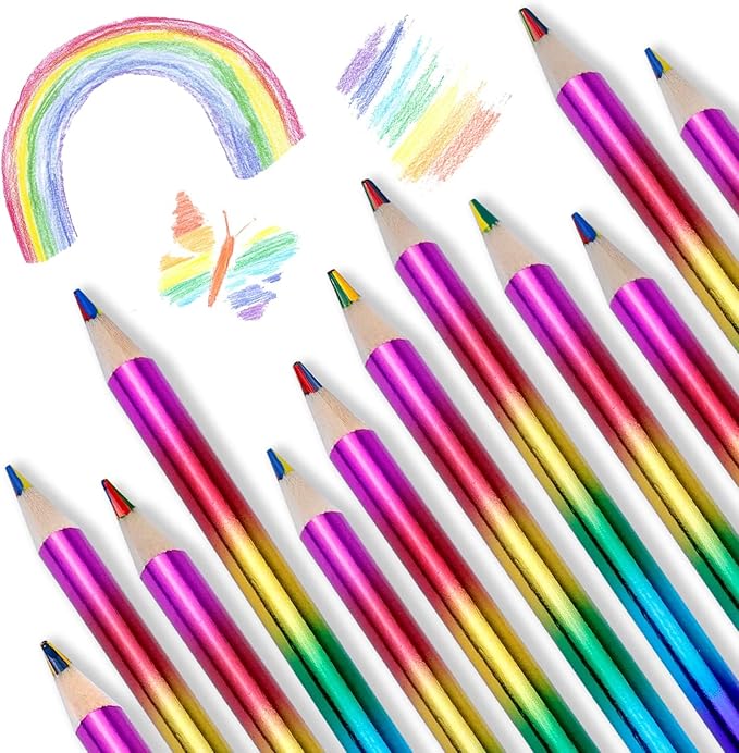 24 Pieces Rainbow Colored Pencils, 4 Color in 1 Colorful Rainbow Pencils for Kids Multi Colored Pencil with Pencil Sharpener Laser Colored Pencils Bulk for Drawing Kids Adult School Painting