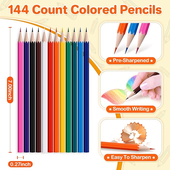 Shemira 12 Pack (144 Count) Colored Pencils Bulk Set for Kids, Pre-sharpened Coloring Pencil in 12 Colors, Erasable Color Pencils', School Supplies for Kids Teachers, Back to School Supplies