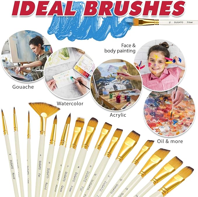 DUGATO 15pc Artist Paint Brush Set with Pop-Up Case, Palette Knife & Sponges - Nylon Hair for Acrylic, Oil, Watercolor, Gouache, Model & Craft Painting