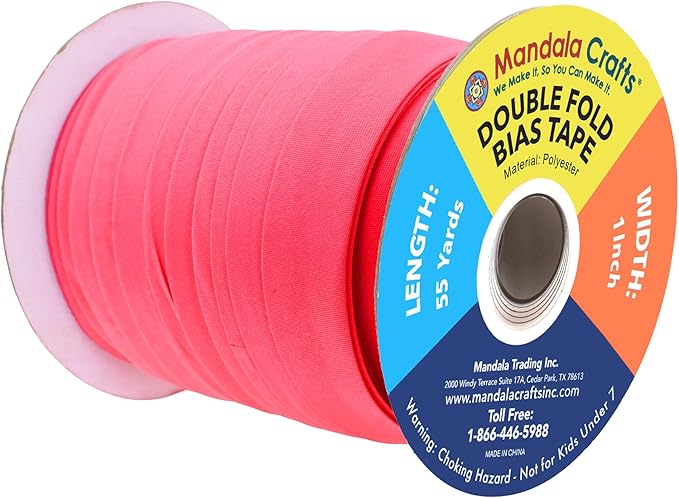 Mandala Crafts 55 Yards 1 Inch Hot Pink Double Fold Bias Tape for Sewing - Bias Binding Tape for Quilting Binding, Hemming, Seam, and Fabric Piping
