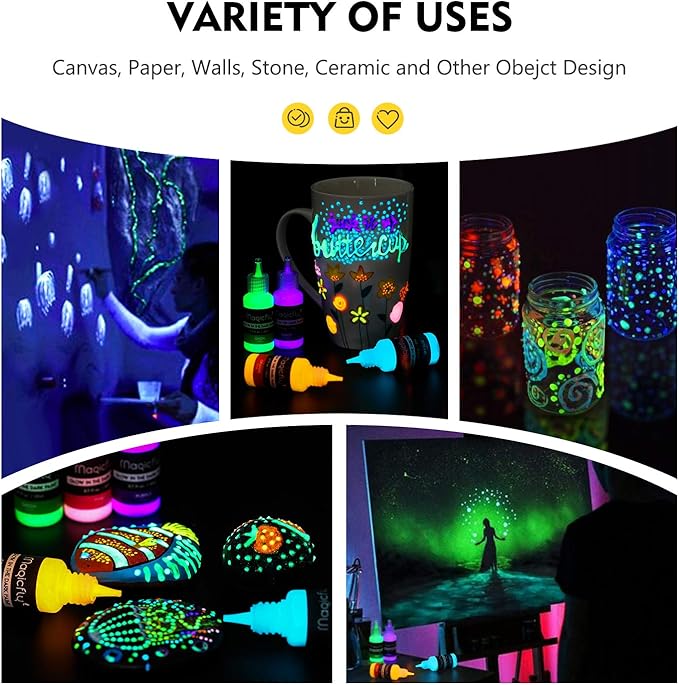 Magicfly Acrylic Glow in The Dark Paint, 10 Bright Colours Liquid Luminous Paint, Neon Paints Glow in Dark for Painting, Halloween Decoration, DIY Crafts, 20 ml Each