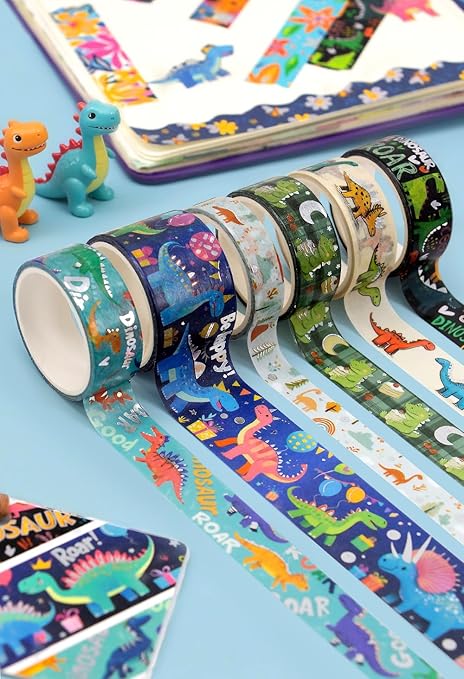Dinosaur Washi Tape Set, 13 Rolls Silver Foil Cute Washi Tapes, Kawaii Floral Decorative Masking Tape for Journaling Supplies, Scrapbooking, Bullet Journal, Planner Decoration, DIY Crafts