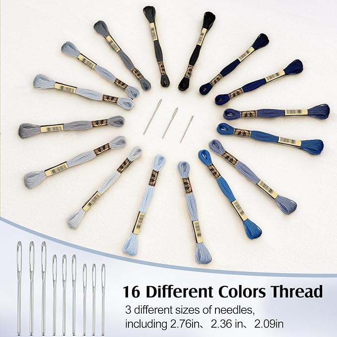 Jexine Darning Egg for Socks Wooden Darning Supplies Kit with 9 Large Eye Needles 16 Colors Sewing Threads for Socks Clothes Adults Darner DIY Handicraft Home Sewing Care(Grey Blue)