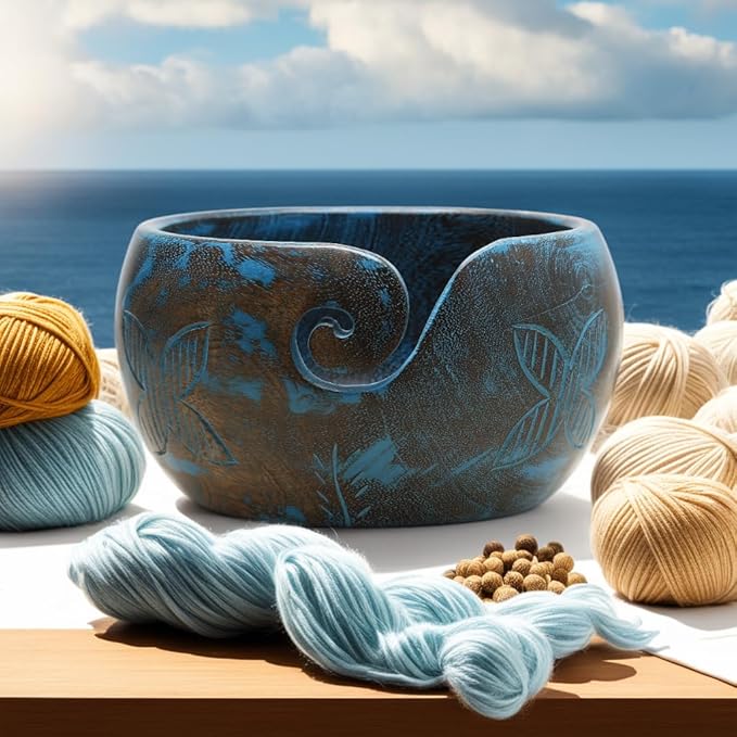 Large Wooden Blue Yarn Bowl for Crocheting - Crochet Holder (7x4) - Knitting Yarn Ball Storage - Crafting Christmas Gifts for Women, Gifts for Moms, Birthday