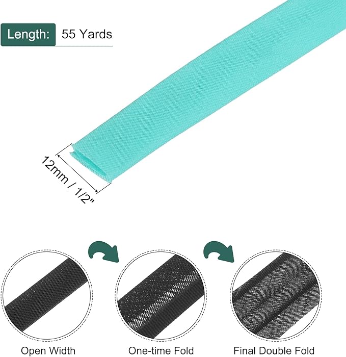 MECCANIXITY 1/2 Inch Double Fold Bias Tape Polyester Continuous Bulk Bias Tape for Sewing,Seaming Quilting Hemming Binding Crafts (Lake Blue 55 Yards)