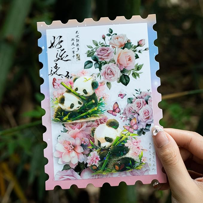 Yoksas 40Pcs Holographic Shiny Kawaii Panda Stickers - Waterproof Transparent Glitter Cute Panda Stickers for Scrapbooking,Water Bottles,Journals