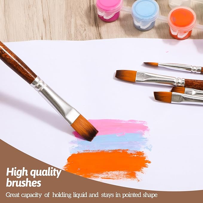 12 PCS Watercolor Brushes Professional, 6 Flat Painting Brushes and 6 Angled Paint Brush for Acrylic Paint, Different Sizes Face Painting Brush for Craft Artists Oil Gouache Beginners