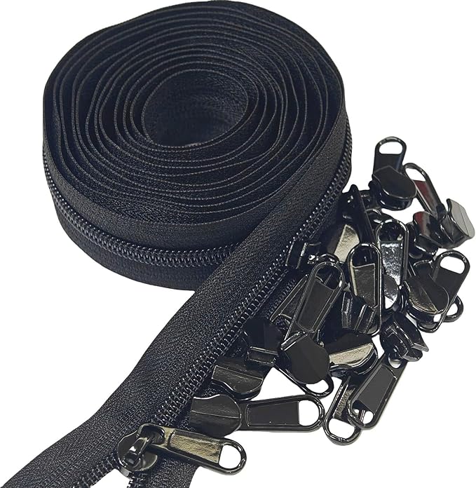 MebuZip #5 Nylon Coil Zippers by The Yard Bulk Zipper Roll Zipper Tape 10 Yards with 25pcs Pulls for Sewing Tailor DIY Craft Bags Pillows (Black 10Yards)