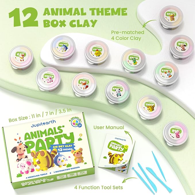 Air Dry Clay for Kids,12 Animals Theme Party Foam Clay,Ultra Light Modeling Clay Kit, DIY Art and Home Party Favors for Boys & Girls (Animal)