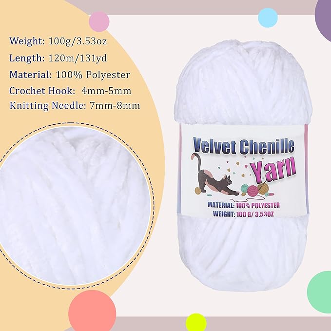 4 * 100g Fluffy Velvet Chenille Yarn for Crocheting and Knitting, Handcrafts Weaving Soft Chenille Yarn for Crocheting Clearance, Used for Making Baby Yarn Blanket, Clothes, DIY Craft (White)