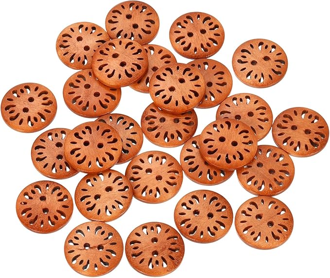 HARFINGTON 100pcs 2 Hole Flower Craft Sewing Button 25mm Handmade Wood Replacement Round Buttons for Clothing Decoration DIY Accessories, Brown