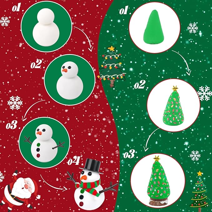 24 Pack Build a Snowman & Christmas Trees Clay Kit for Kids – Colorful Air Dry Clay Christmas Craft Set, Modeling Craft DIY Set, 2-in-1 Snowman Tree Activity, Creative Xmas Gift for Boys Girls